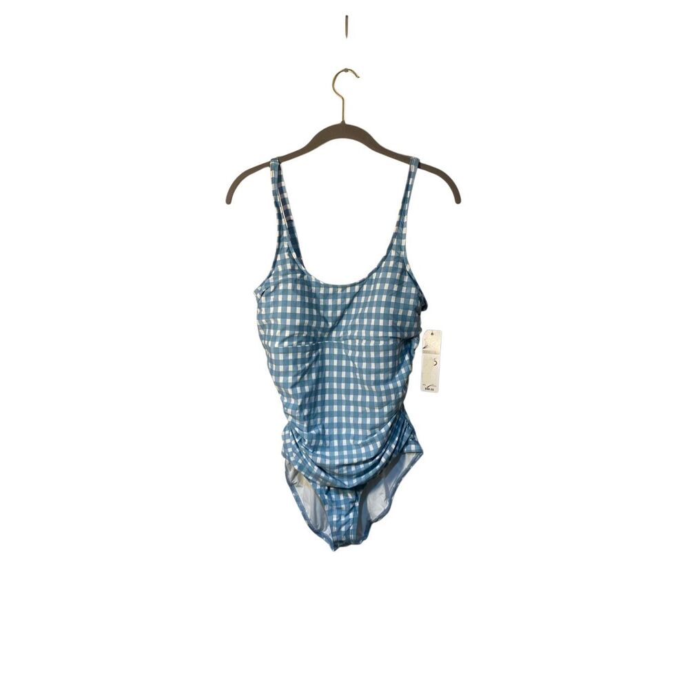NWT Anne Cole gingham, blue and white shirred one piece swimsuit 12 - Picture 3 of 7